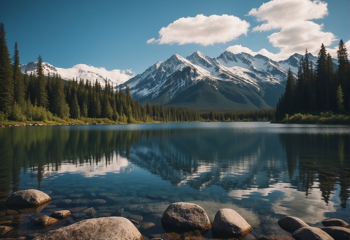 A serene Alaskan landscape with snow-capped mountains, a tranquil lake, and a clear blue sky