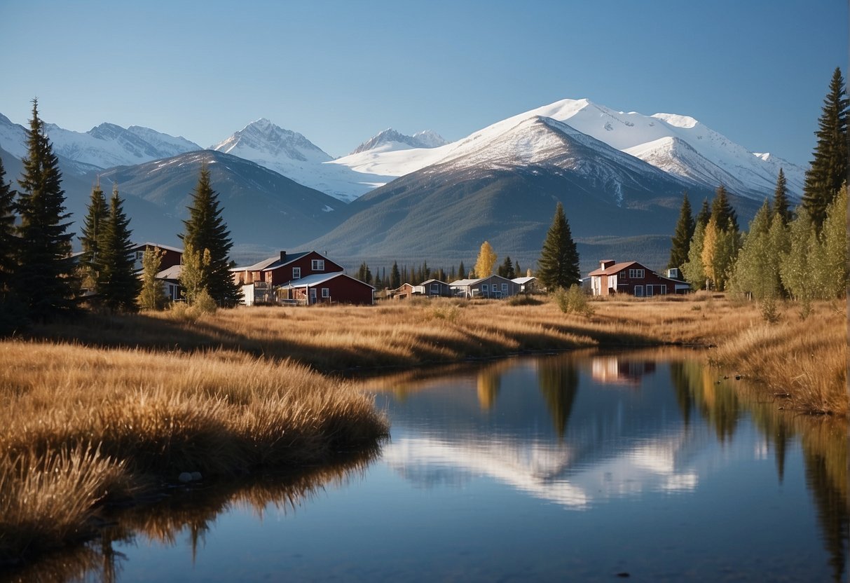 A peaceful Alaskan landscape with a small town, snowy mountains, and a clear blue sky