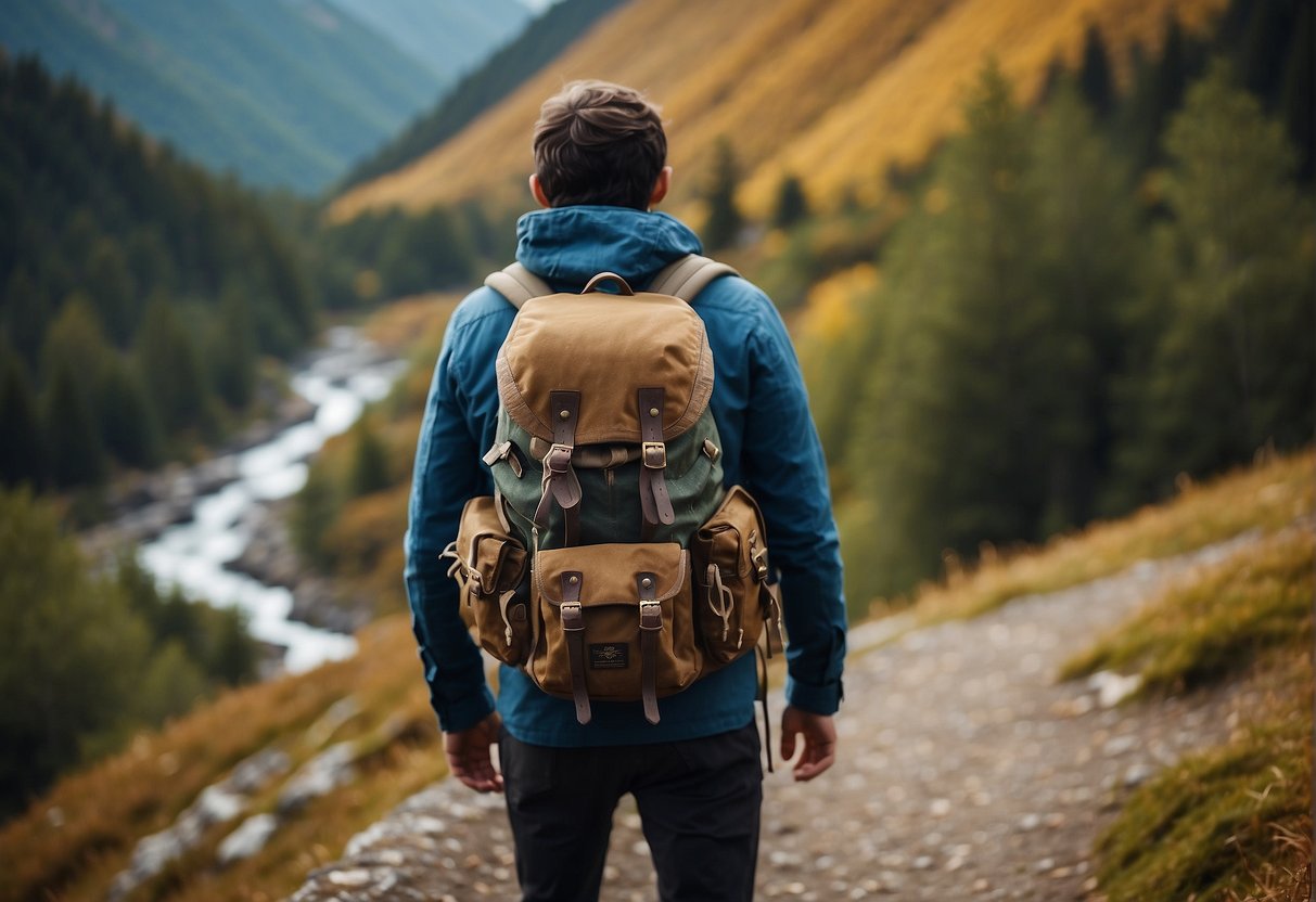 Traveler with backpack, surrounded by wildlife and scenic landscapes, with a map and compass in hand