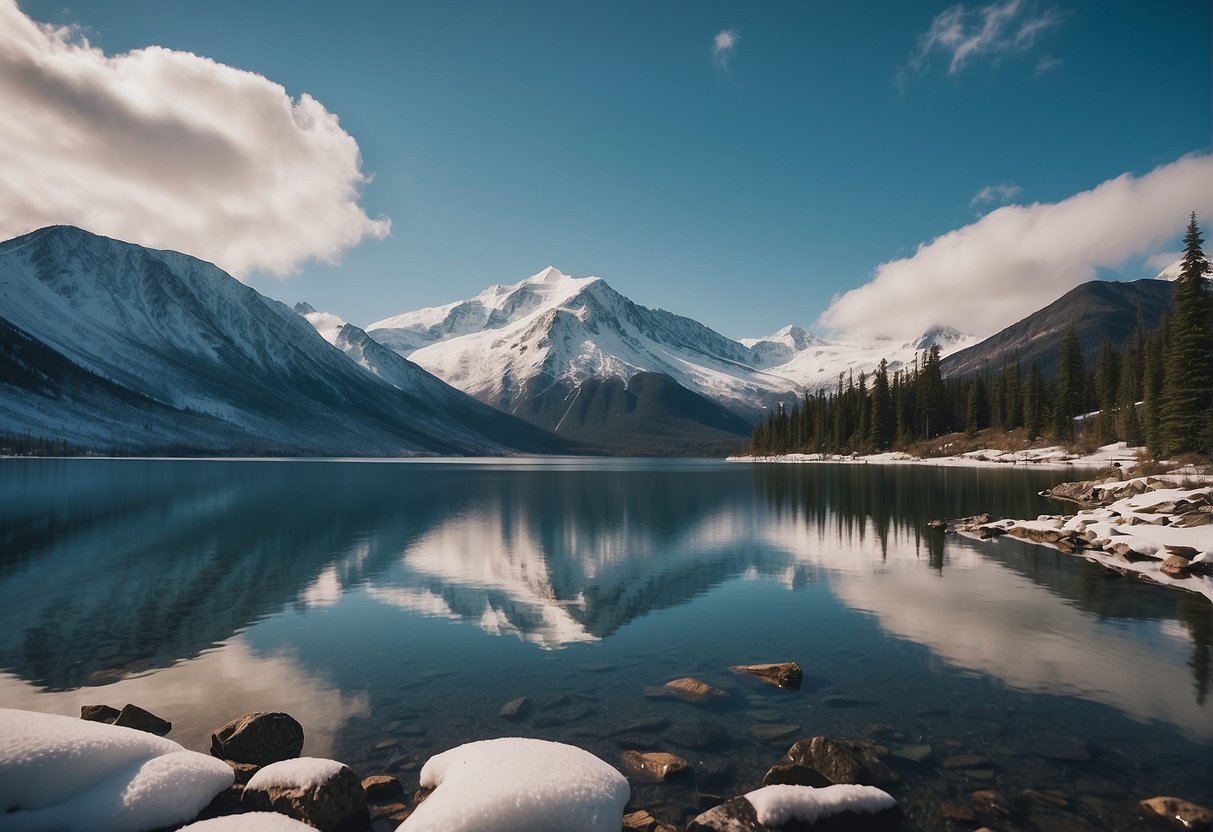 A serene Alaskan landscape, with snow-capped mountains, a tranquil lake, and a clear blue sky