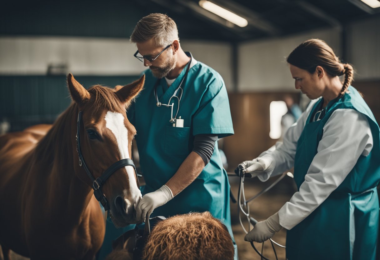 A horse being prepared for castration, with a veterinarian and assistants holding the animal still in a secure and calm manner
