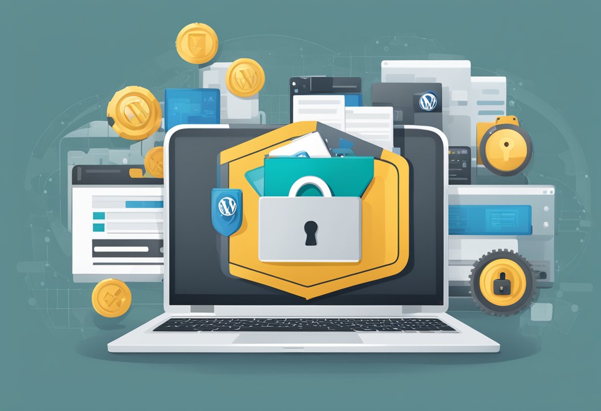 A laptop with a WordPress dashboard open, surrounded by a lock, shield, and key symbolizing security measures