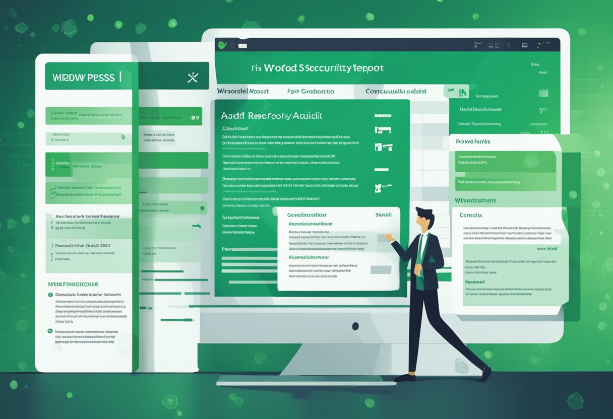 A computer screen showing a WordPress security audit report with a checklist of post-audit actions highlighted in green