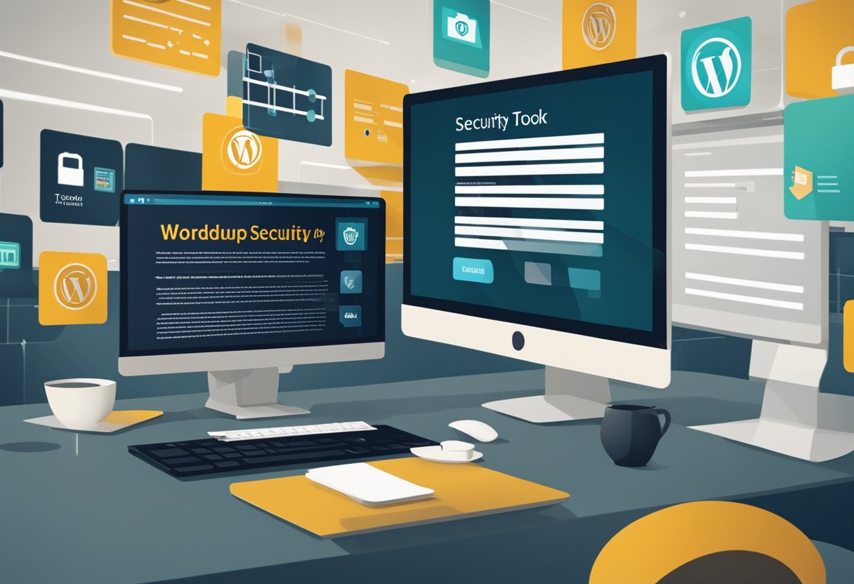 A computer screen displays ongoing security practices for a WordPress security audit. Multiple tabs open with security tools and reports