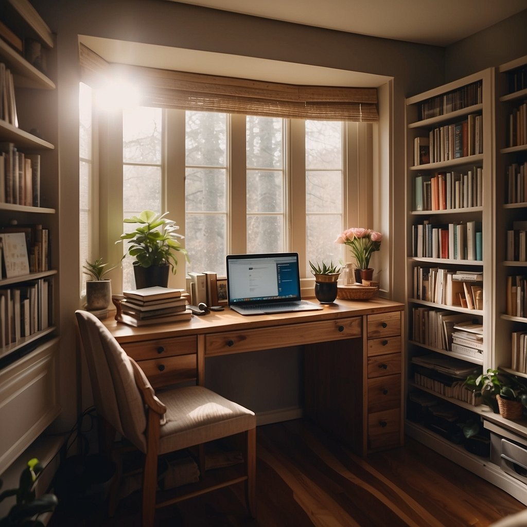 A cozy home office with a desk, computer, and shelves filled with books and supplies. Soft natural light streams in through a large window, creating a warm and inviting atmosphere for a successful home-based business