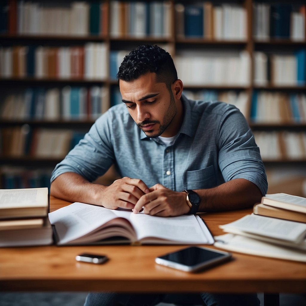 An entrepreneur sits at a desk, surrounded by books and a laptop. They are deep in thought, pen in hand, jotting down ideas and goals for personal growth