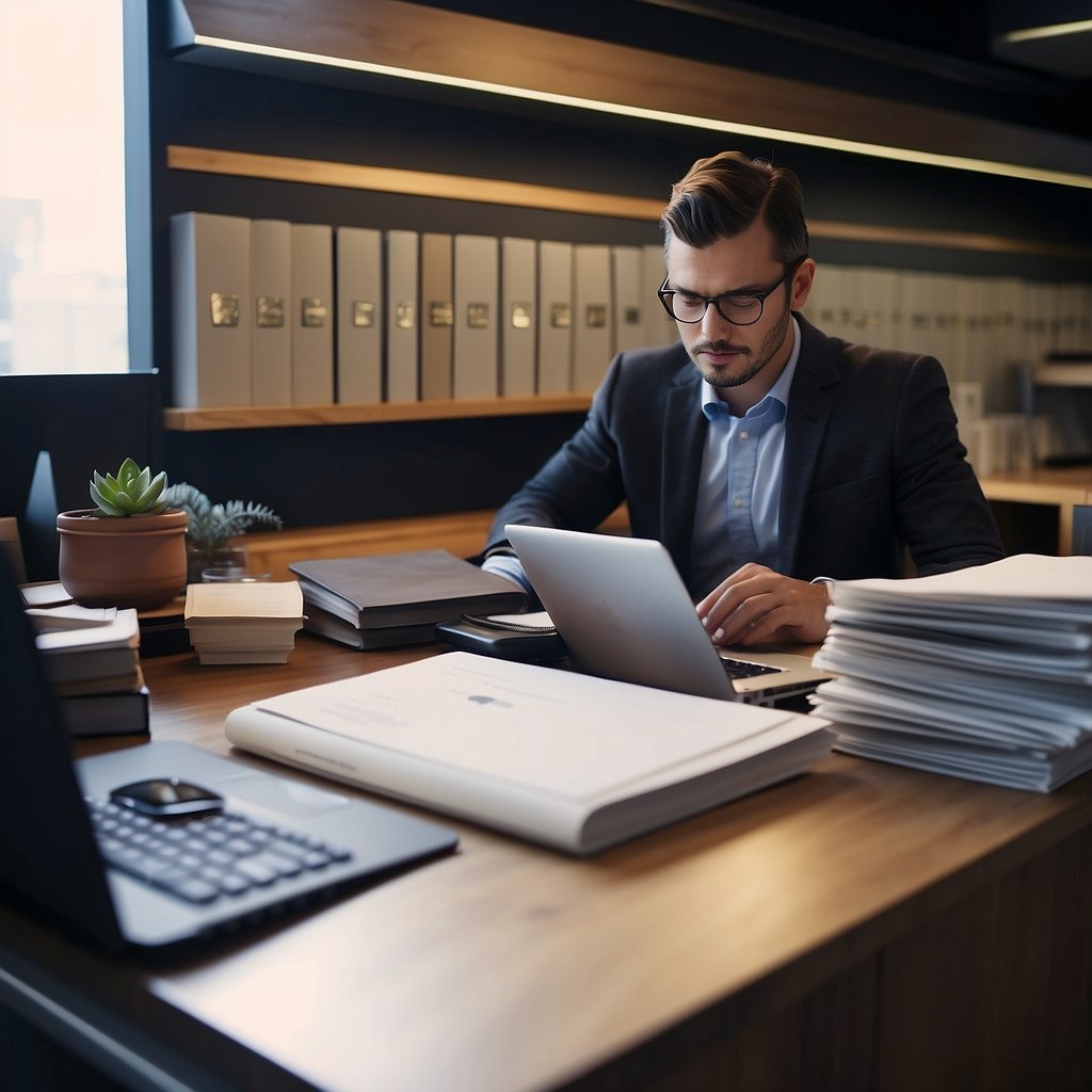 A person at a desk, typing on a laptop with a stack of books and papers. A sign reads "Consultancy Business" on the wall