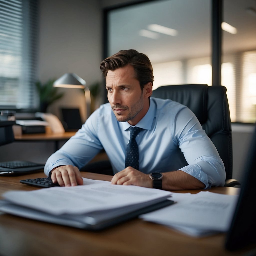 A person sits at a desk, surrounded by paperwork and a computer. Their face shows signs of stress and determination as they navigate the challenges of starting a business mid-career