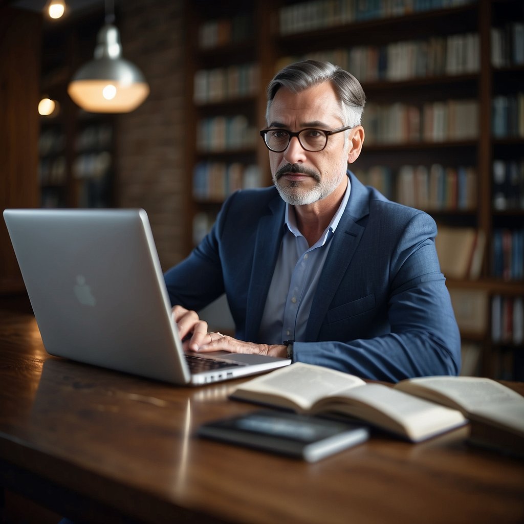 A midlife professional using LinkedIn on a laptop, surrounded by books and notes, with a determined expression