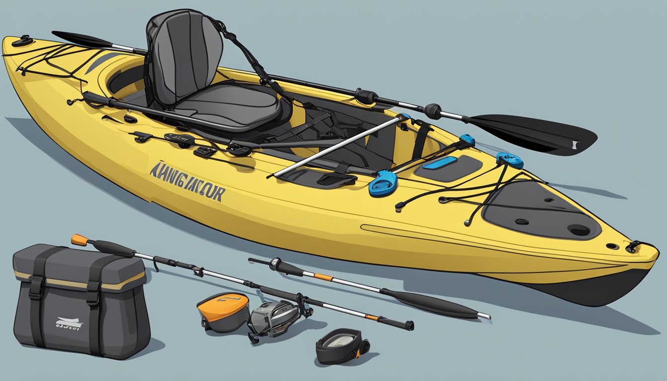 A kayak rigged with fishing gear: rod holders, tackle box, anchor, and fish finder. Paddle and life jacket nearby