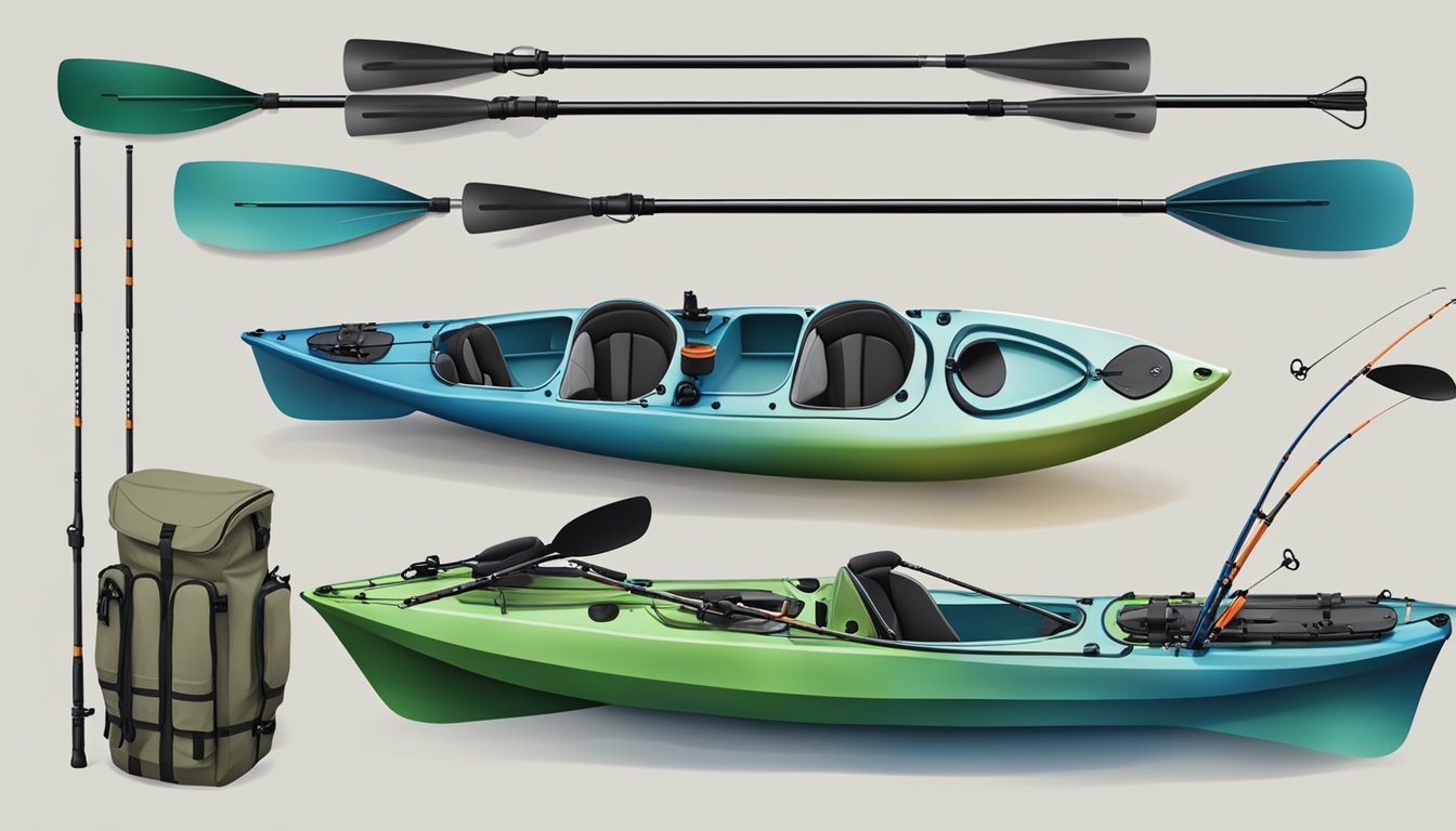 A kayak with multiple rod holders, fishing rods set up, and various fishing gear arranged for a day of fishing on the water