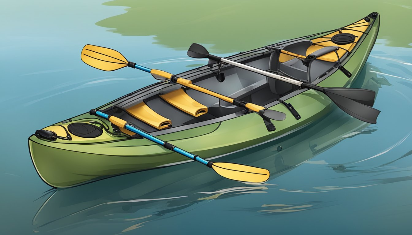 A kayak with organized tackle storage, rods, and fishing gear rigged for easy access and use while on the water