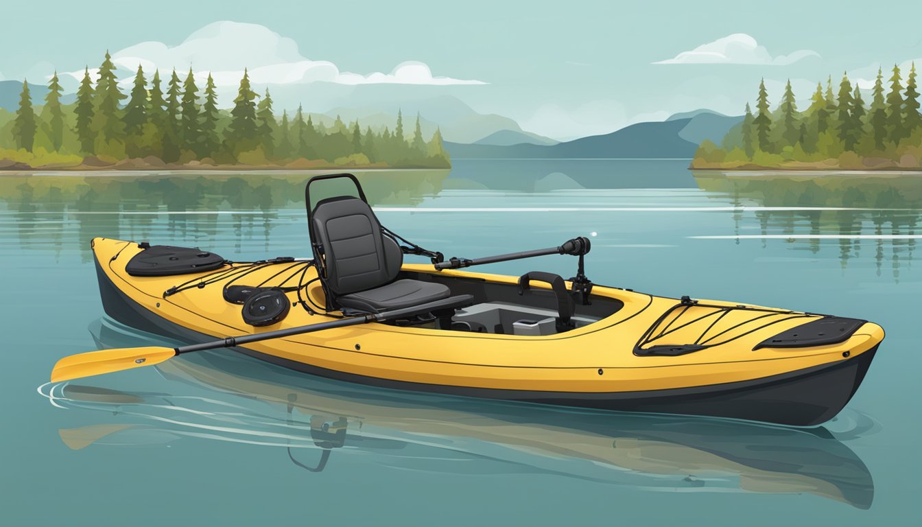 A kayak with installed fish finder and electronics, mounted securely for fishing