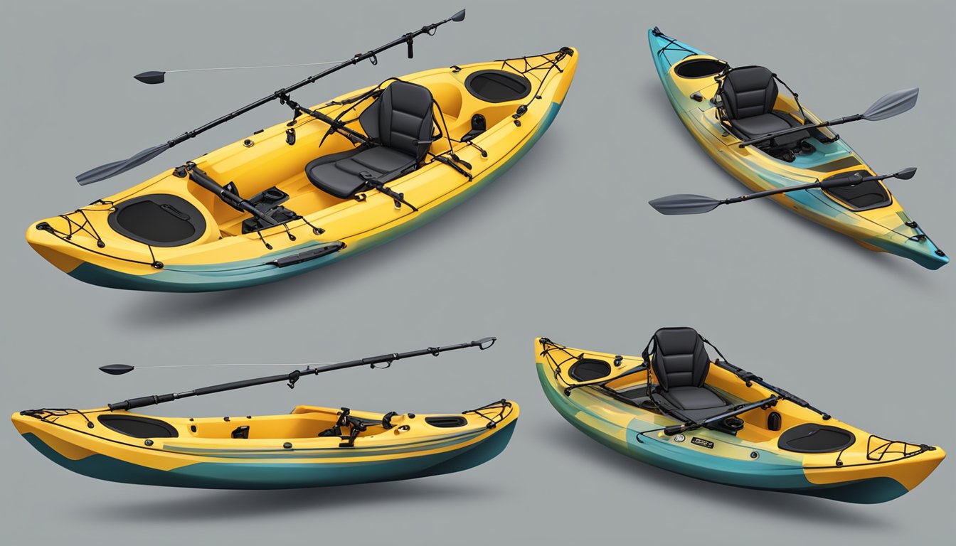 A kayak equipped with fishing rod holders, tackle boxes, and anchors, secured with bungee cords and straps for safety and convenience