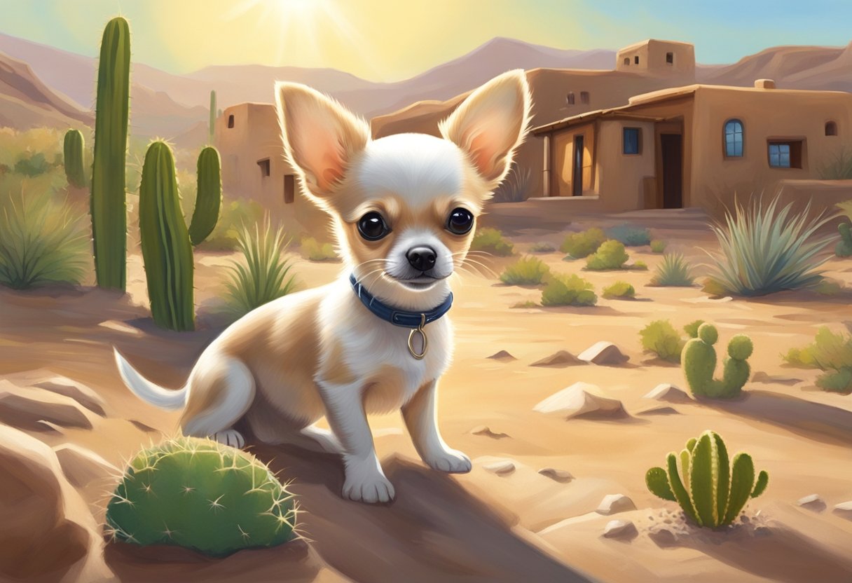 A chihuahua puppy plays in a sun-drenched desert landscape, surrounded by adobe buildings and cactus plants. The puppy's small size and playful demeanor capture the essence of the breed