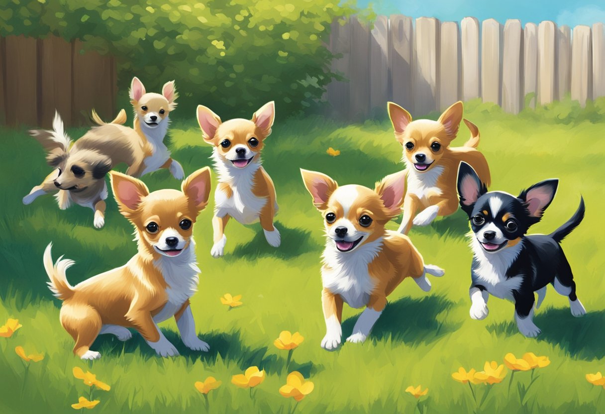 A litter of Chihuahua puppies playfully romp in a sun-drenched, grassy yard. Colorful dog toys are scattered around as the puppies chase each other, their tiny tails wagging with excitement