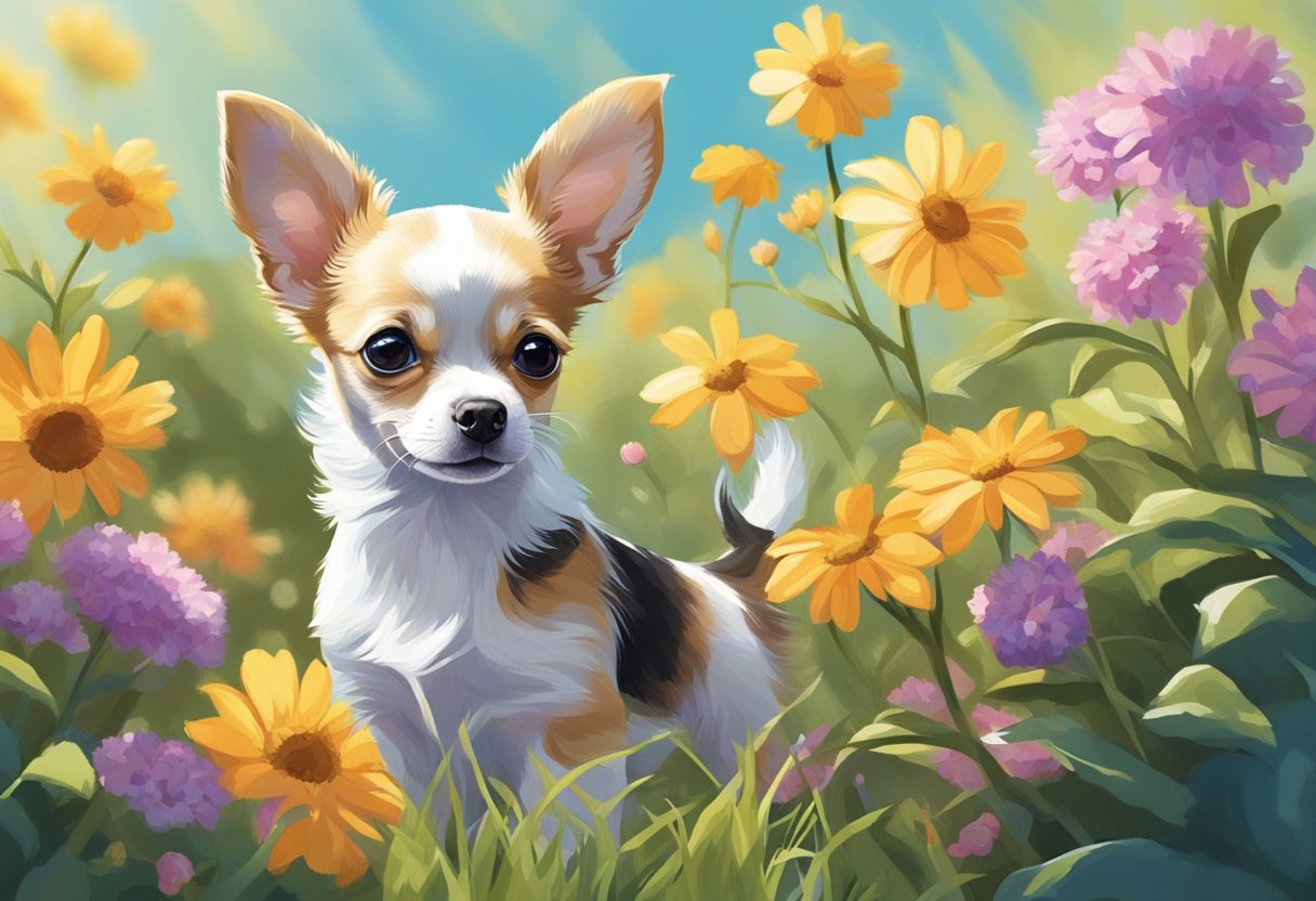 A Chihuahua puppy plays in a sunny backyard, surrounded by colorful flowers and a clear blue sky. The puppy's ears perk up as it looks around with curiosity and excitement