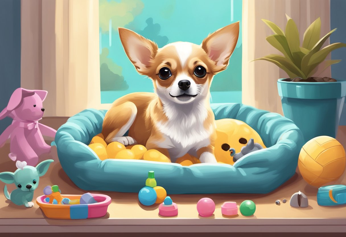 A Chihuahua puppy sits in a cozy bed, surrounded by toys and a bowl of water. A loving breeder or rescue worker looks on, ensuring the puppy's comfort and well-being