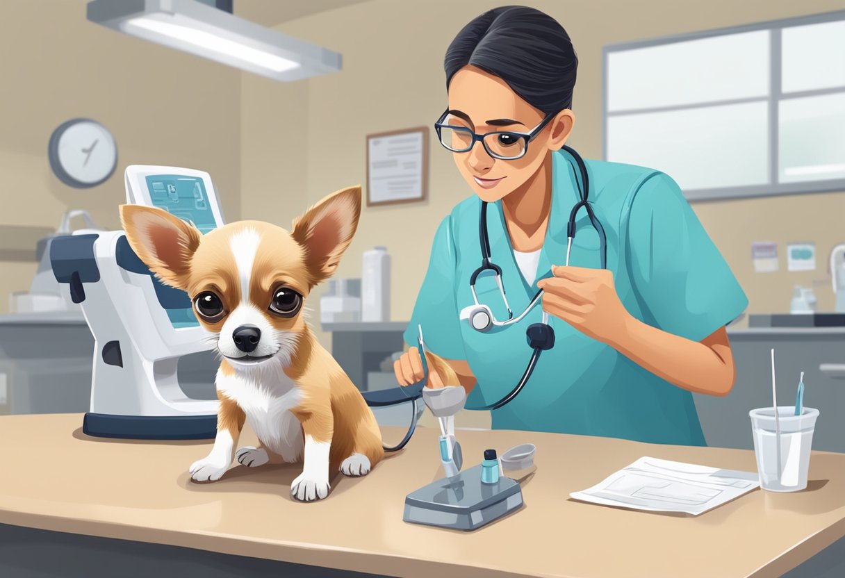 A Chihuahua puppy receiving a check-up at a veterinary clinic in New Mexico. The veterinarian is examining the puppy's ears while the puppy sits on the examination table