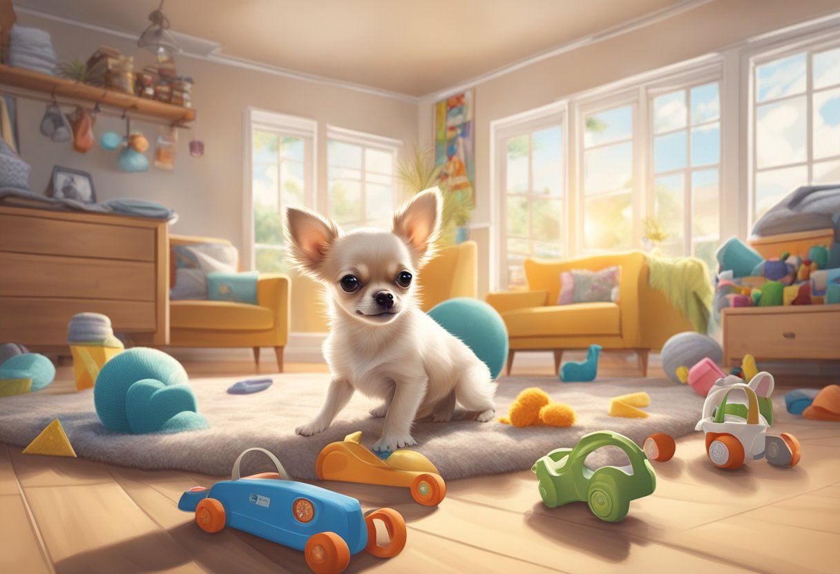A Chihuahua puppy frolics in a spacious, sunlit room with toys and cozy bedding, surrounded by ethical breeder and rescue organization logos