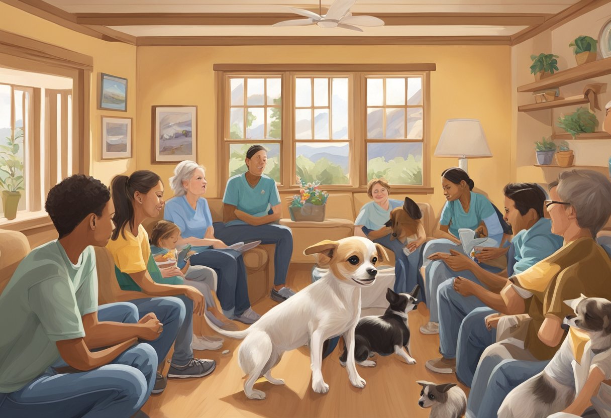 A Chihuahua puppy sits in a cozy, sunlit room surrounded by caring breeders and rescue workers in New Mexico. The puppy is eagerly greeted by a group of supportive individuals, creating a warm and welcoming atmosphere