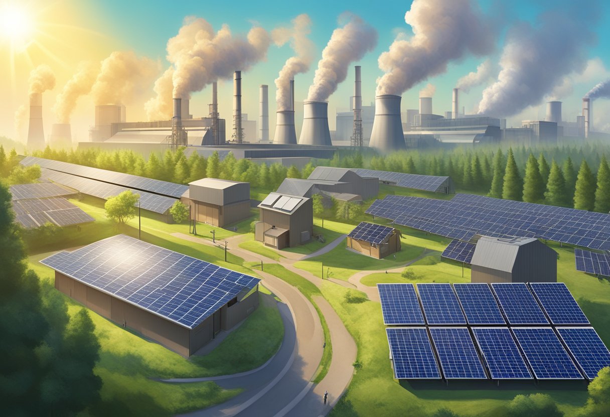 A bright sun shines down on solar panels, while a traditional power plant emits smoke in the distance. The solar panels are surrounded by greenery, while the power plant is surrounded by industrial buildings