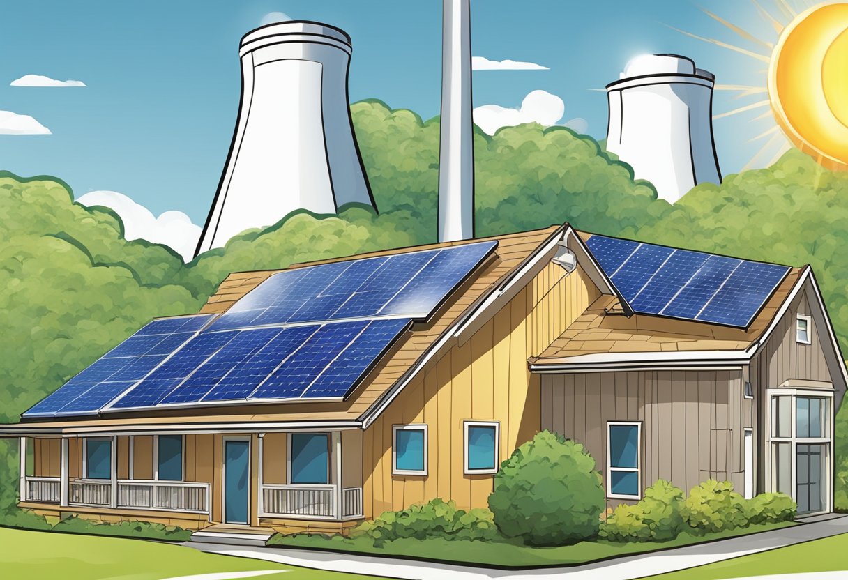 The scene depicts a solar panel next to a traditional power plant, with a chart showing cost comparisons. The sun shines on the solar panel, highlighting its efficiency
