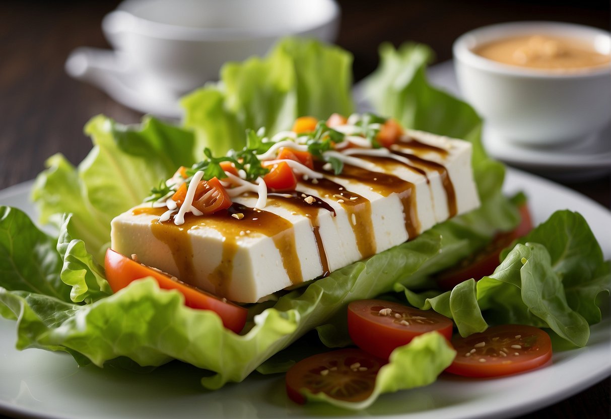 Fresh lettuce leaves filled with colorful vegetables and protein-rich tofu, topped with a drizzle of savory sauce