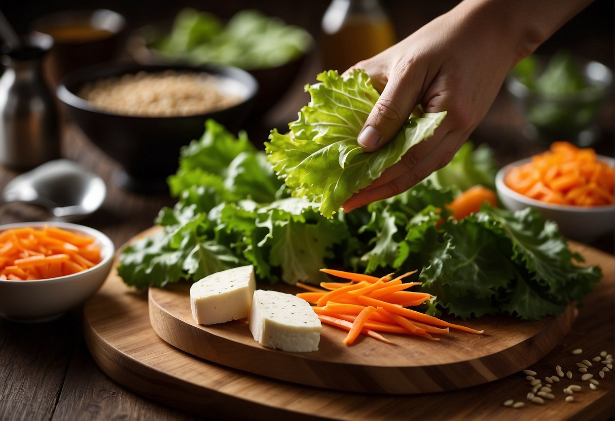 A hand reaches for fresh lettuce, tofu, carrots, and herbs on a wooden cutting board. Bowls of soy sauce and sesame oil sit nearby