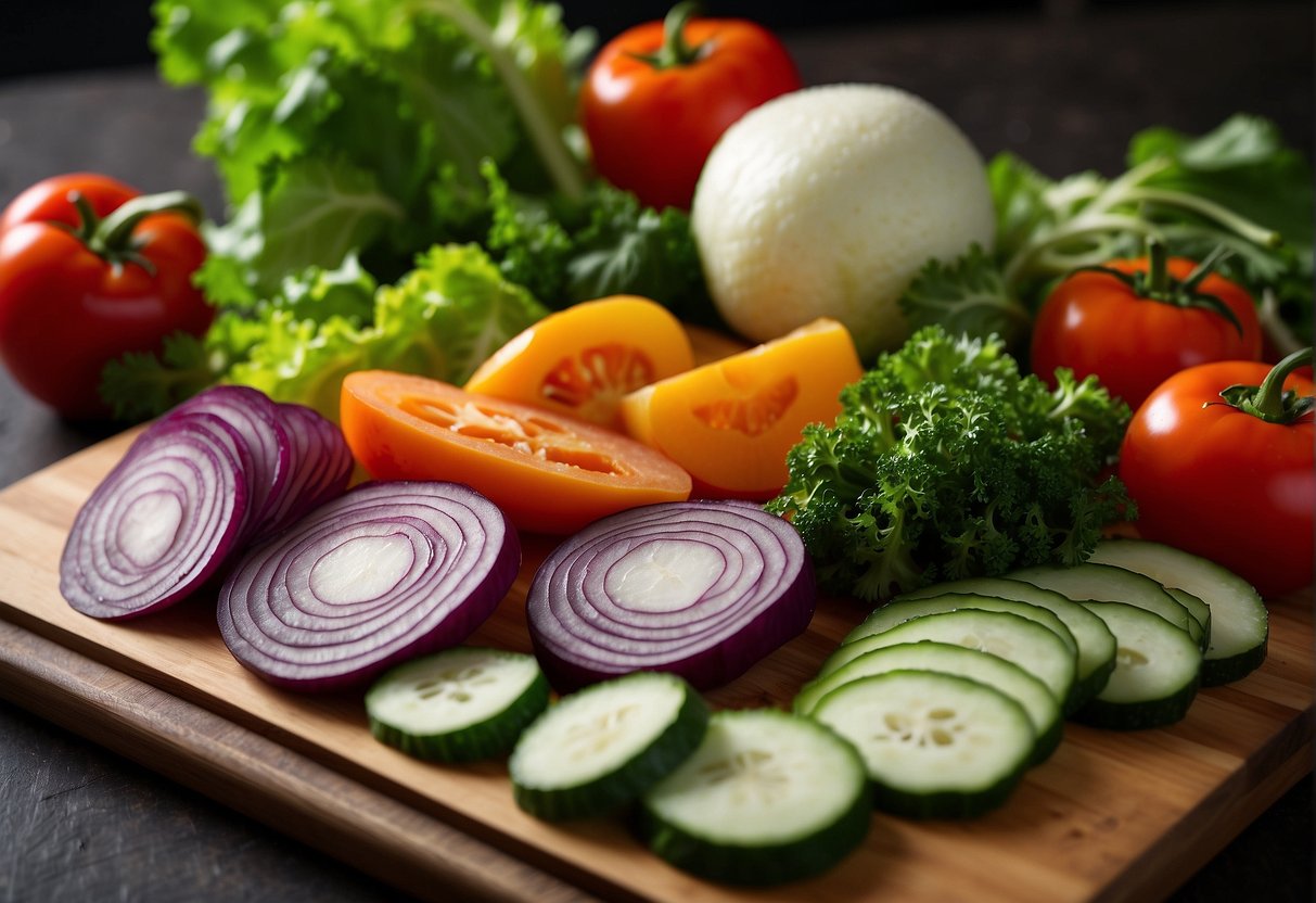 Fresh vegetables laid out on a cutting board, with lettuce leaves ready to be filled for vegetarian lettuce wraps