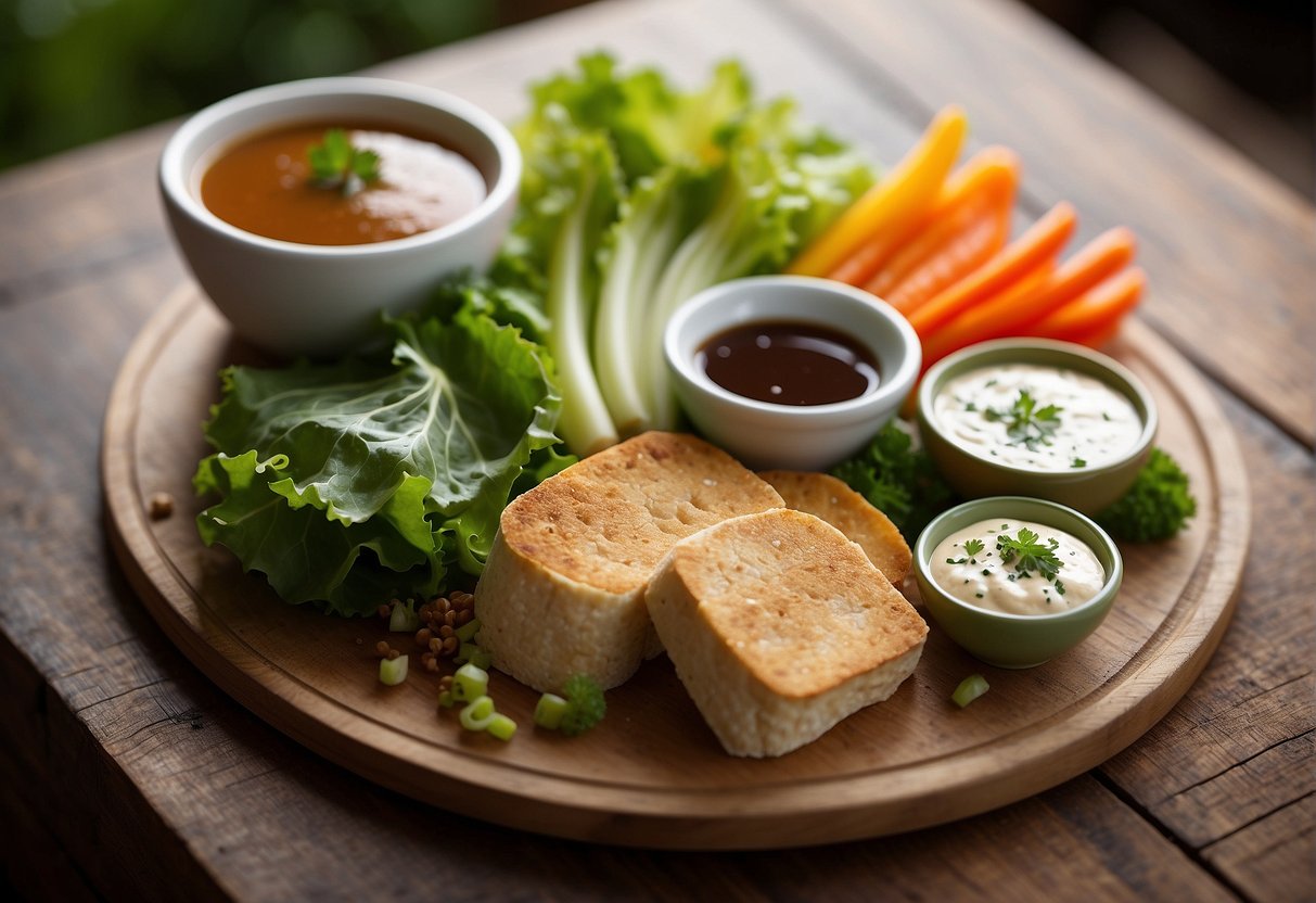 A colorful array of fresh vegetables, tofu, and crispy lettuce leaves arranged on a wooden platter with a side of savory dipping sauce