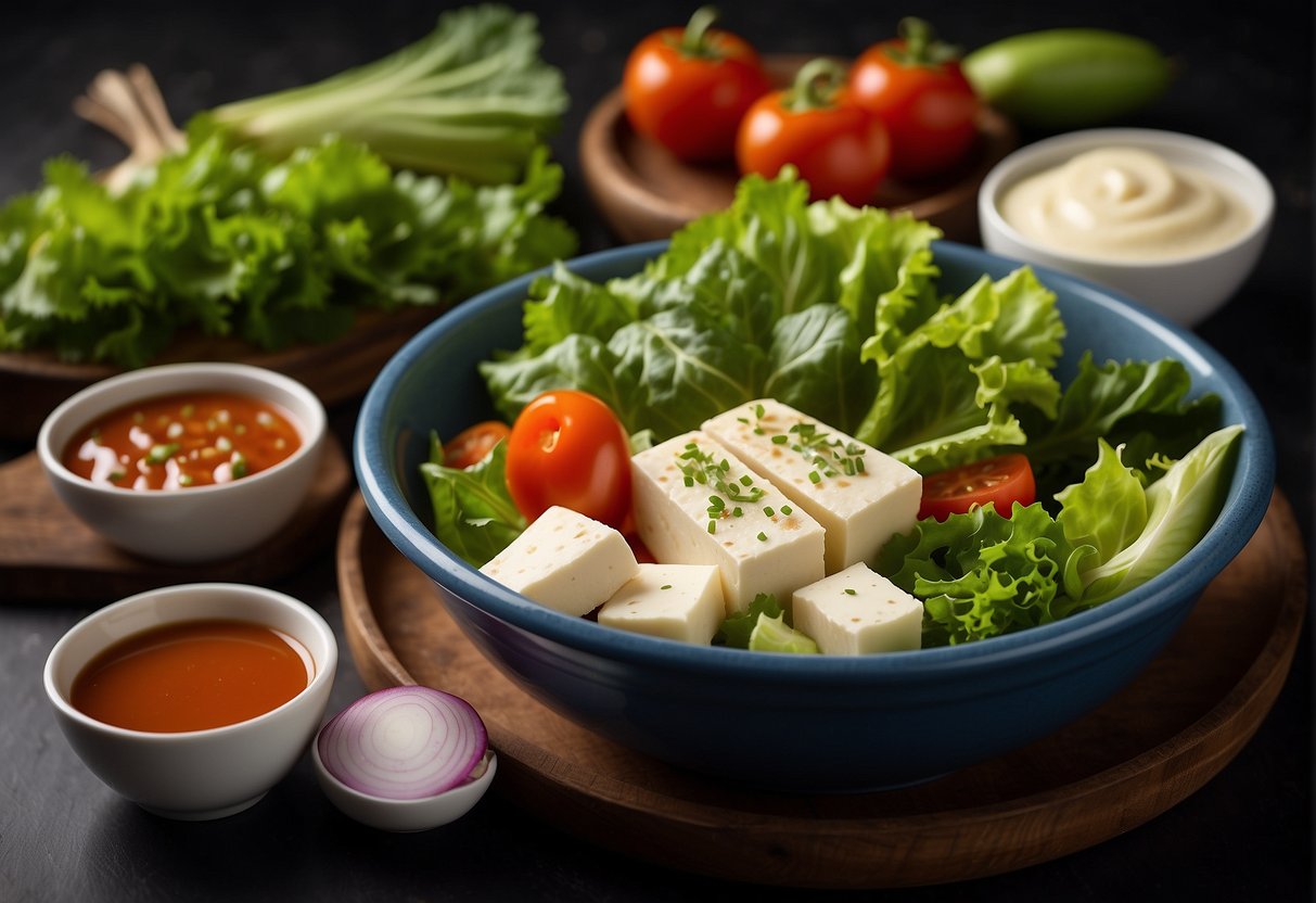 A table set with a variety of fresh vegetables, tofu, and lettuce leaves. A bowl of savory sauce sits beside the ingredients