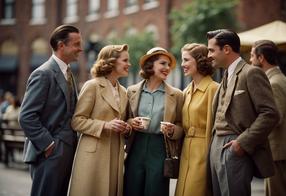 A Group Of People Chatting, Using 1930S Slang Like &Quot;Cat's Pajamas&Quot; And &Quot;Bee's Knees,&Quot; Adding A Vintage Flair To The Conversation