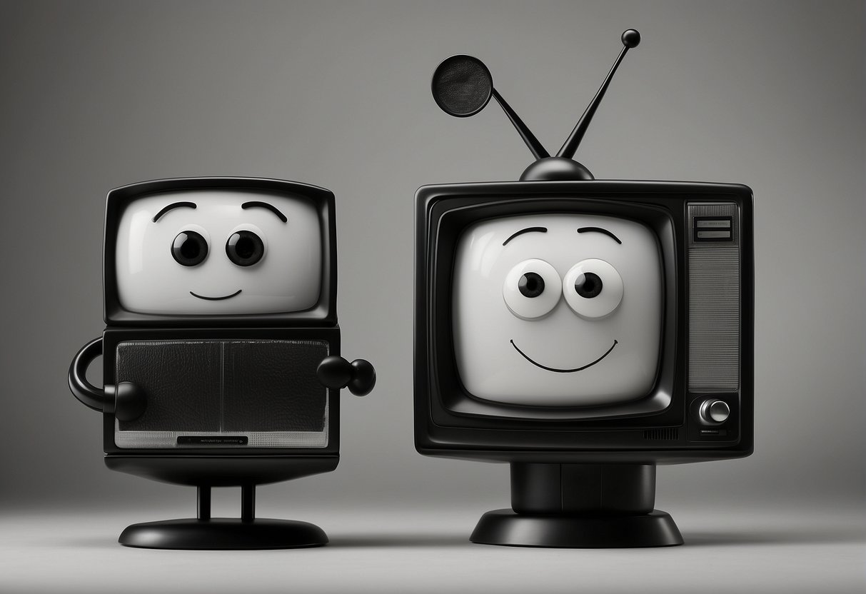 Iconic Characters Emerge From Black And White Tv, With Exaggerated Features And Playful Expressions