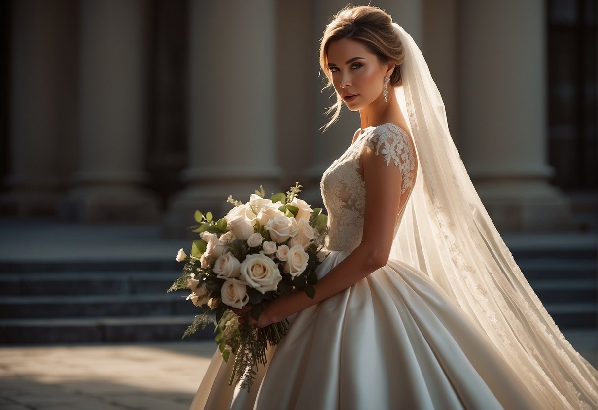 A Bride In A Floor-Length Satin Gown With A Fitted Bodice, Flowing Skirt, And Delicate Lace Details. A Long Veil Cascades Down From Her Elegant Updo, And She Holds A Bouquet Of Roses