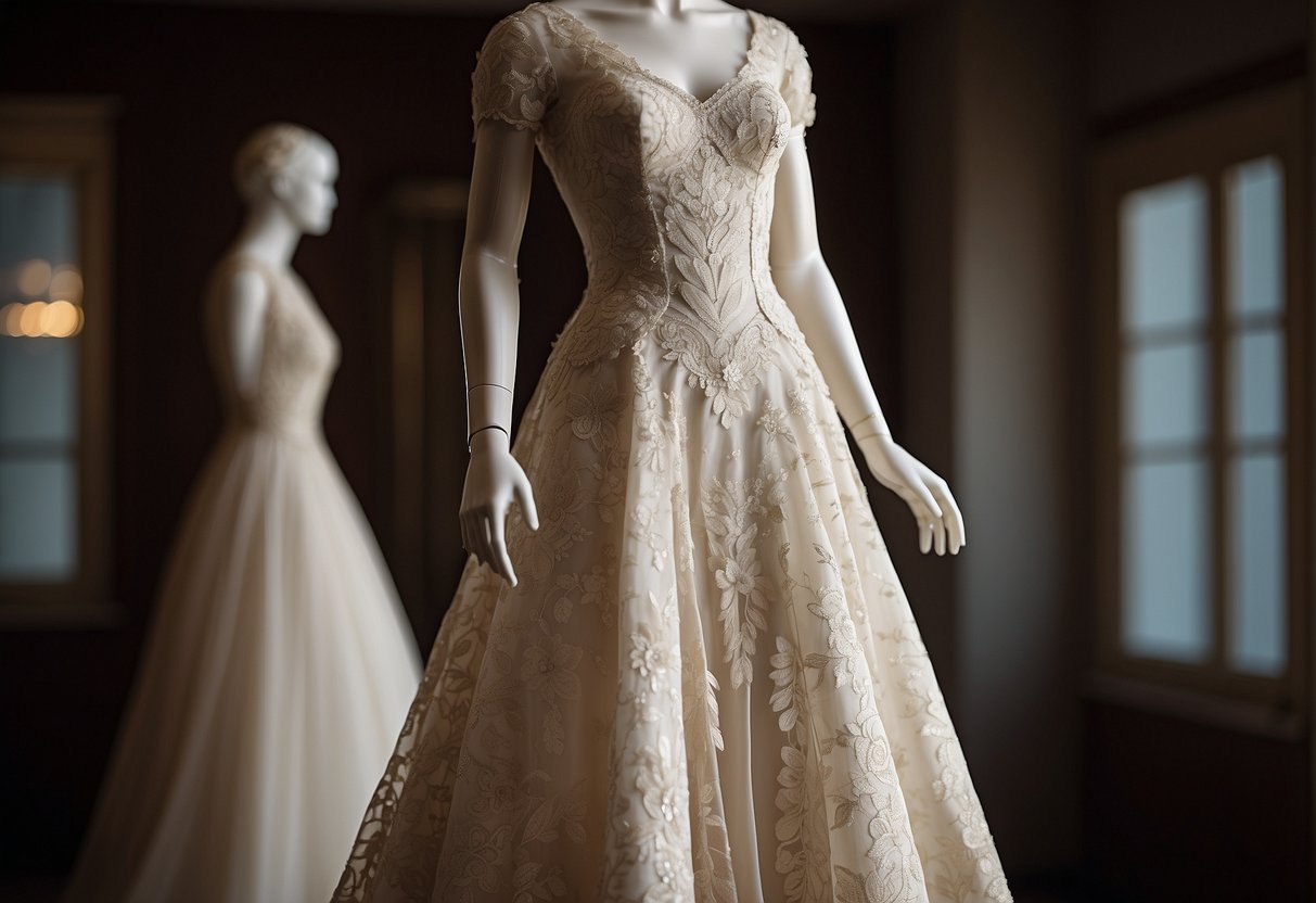 A 1930S Wedding Dress Displayed On A Mannequin, Featuring Intricate Lace, A Fitted Bodice, And A Flowing Skirt With Delicate Embellishments