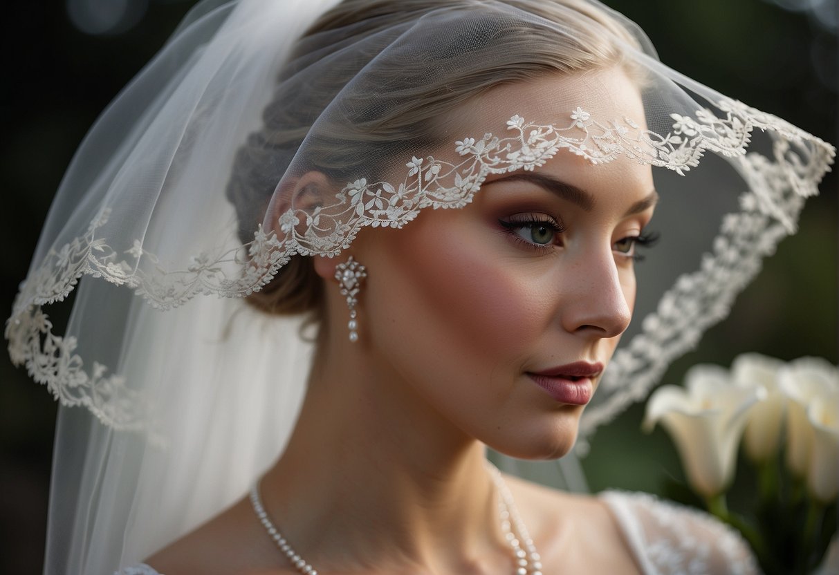 A Lace-Trimmed Veil Is Delicately Pinned To A Sleek, Finger-Waved Hairstyle. A String Of Pearls Drapes Elegantly Over The Neckline Of A Bias-Cut Satin Gown. A Bouquet Of Calla Lilies And Roses Completes The 193