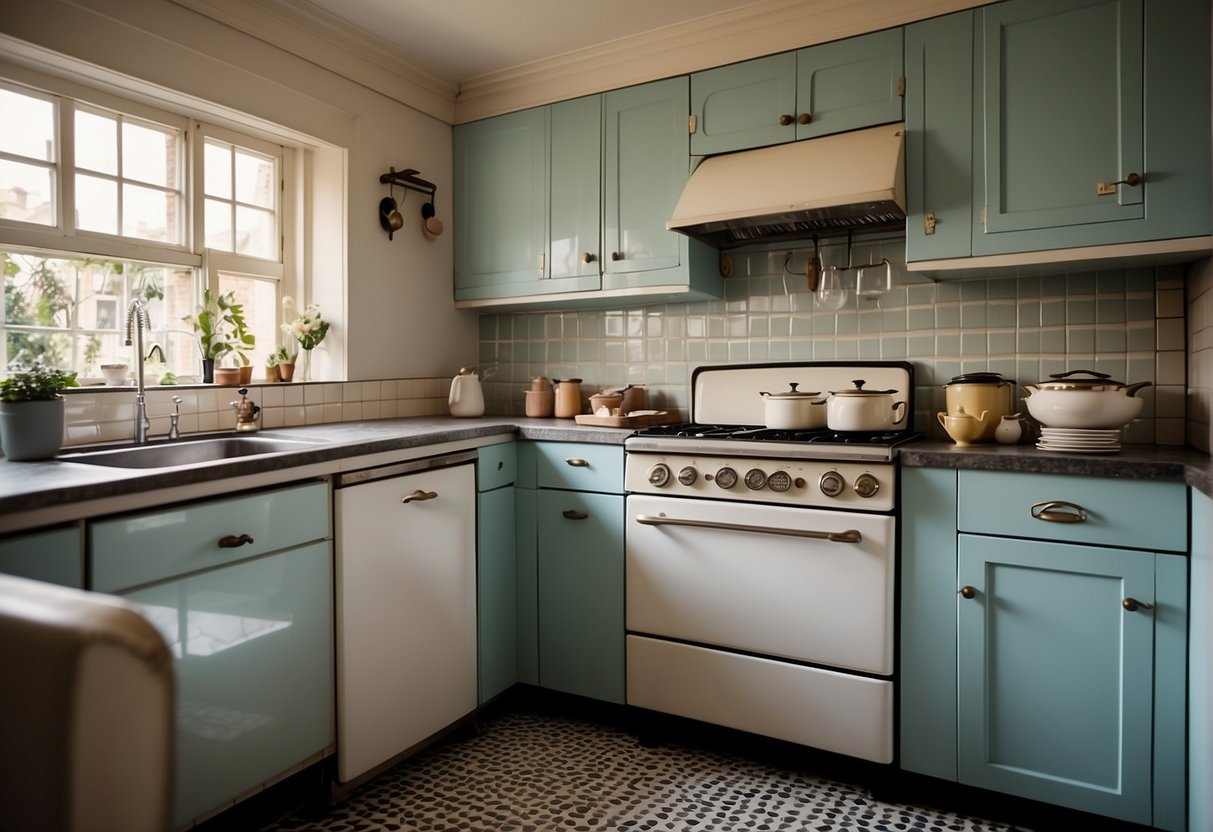 A 1930S Kitchen With Checkered Linoleum Flooring, Pastel-Colored Cabinets, A White Porcelain Sink, And A Vintage Stove With Decorative Knobs