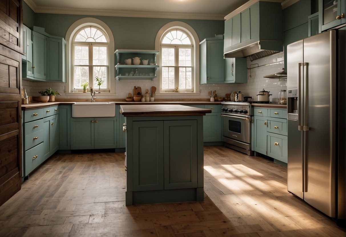 A 1930S Kitchen Being Restored And Renovated, With Vintage Appliances And Cabinets Being Refinished, And New Flooring And Countertops Being Installed