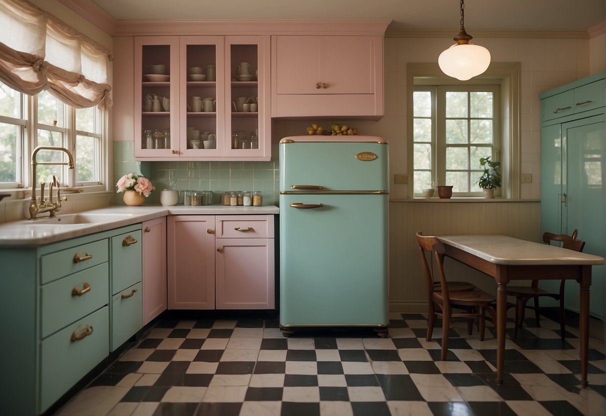 A 1930S Kitchen With Pastel-Colored Cabinets, Checkered Linoleum Flooring, A Vintage Refrigerator, And Art Deco Light Fixtures