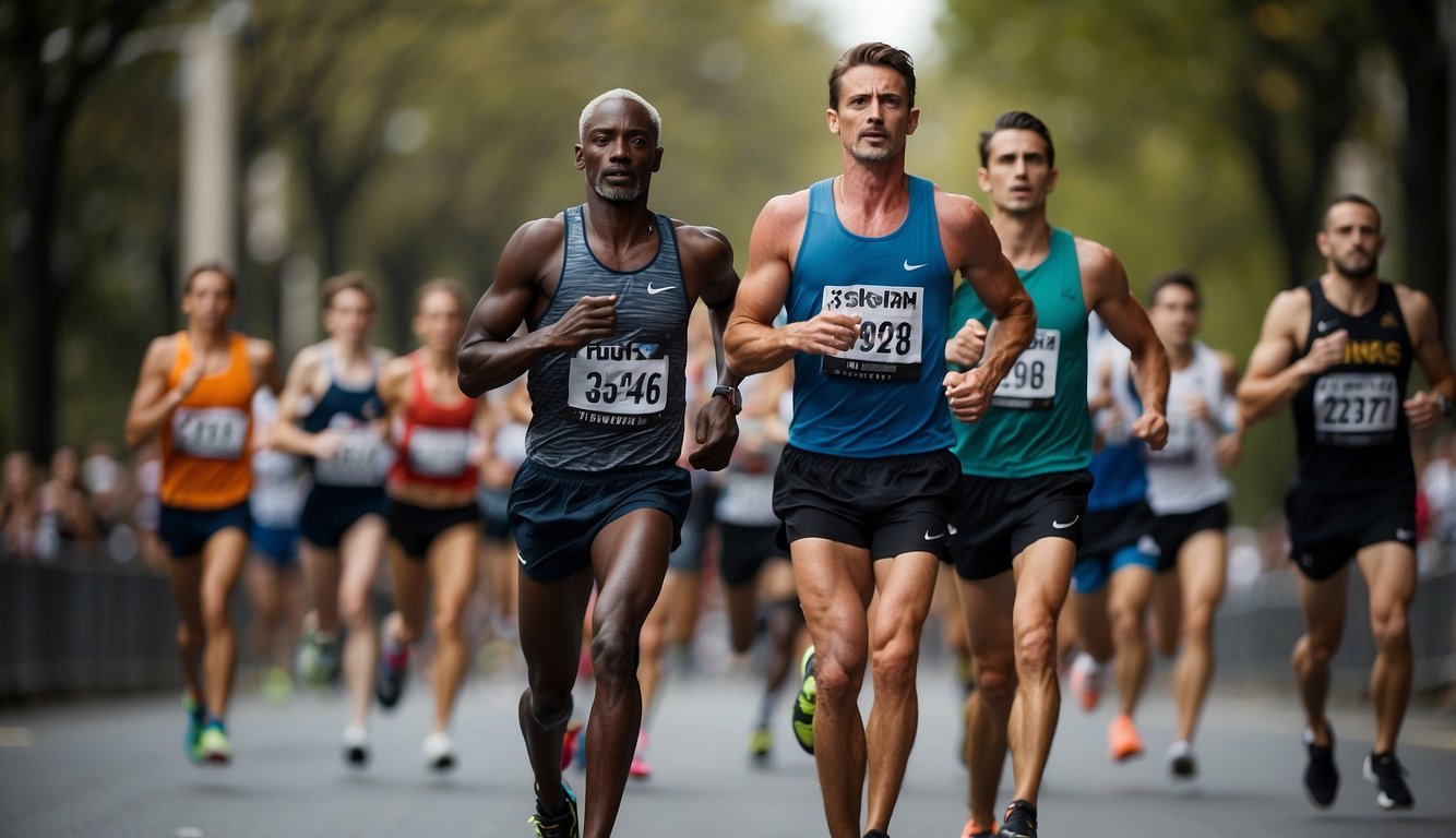 Elite marathoners in motion, showing lean, wiry physiques and long, powerful strides. Focus on legs and overall body shape, avoiding facial features