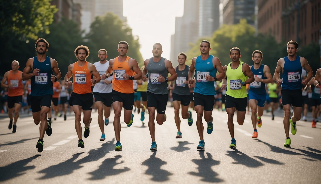 A group of marathon runners in motion, with lean and toned muscles, highlighting the efficiency of their muscle composition and function