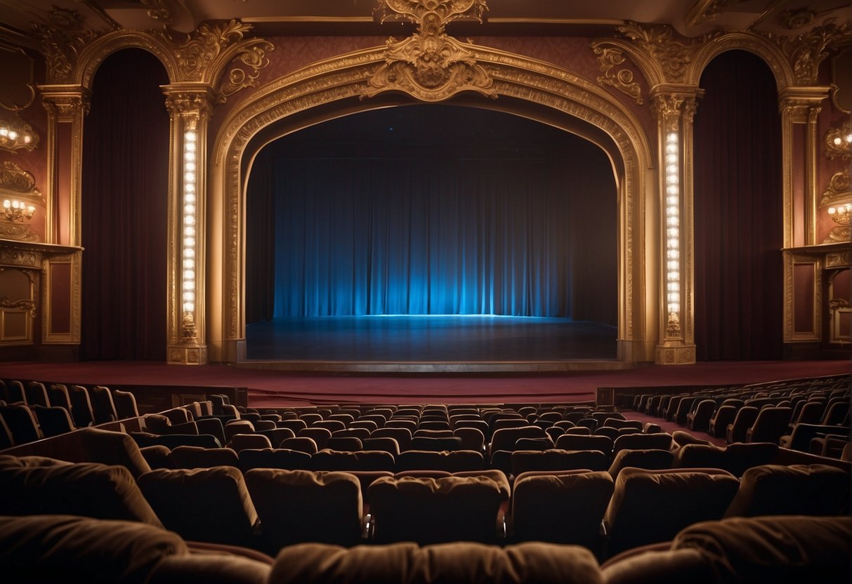 Film Projector Casting Light On A Large Screen, Surrounded By Ornate Theater Seats And Velvet Curtains