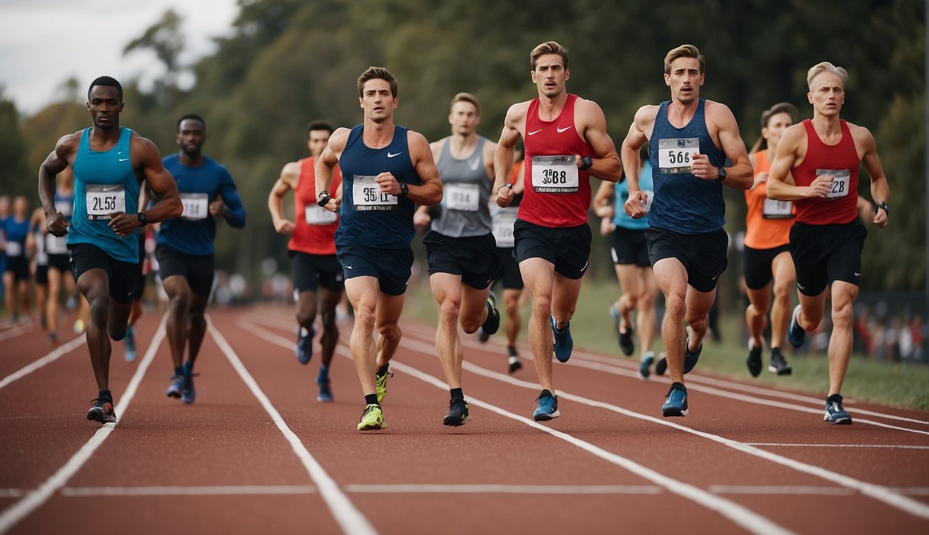 Marathoners follow strict training regimens, focusing on endurance over muscle size. Illustrate runners on a track, with a coach overseeing their training
