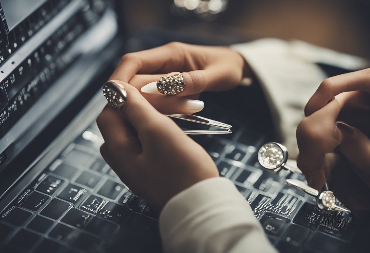 A woman's hand with extended, elegant nails using Molde F1 for financial independence and empowerment