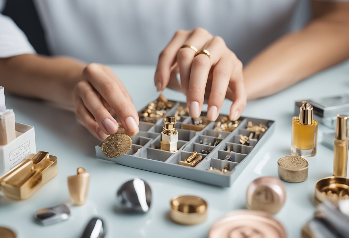 A hand holding a nail mold, surrounded by beauty products and empowering symbols, representing financial independence through nail extension