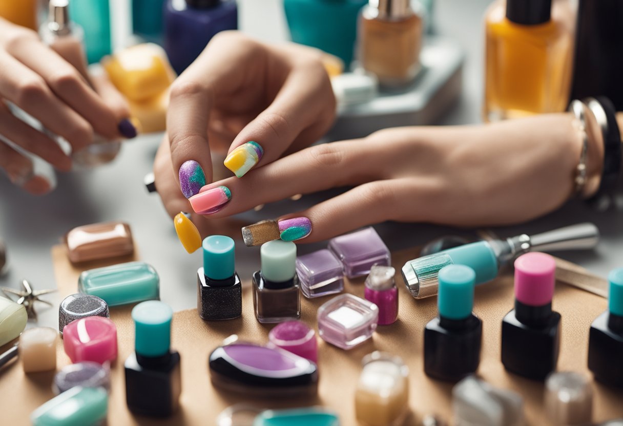 A hand holding a nail mold, surrounded by nail polish bottles and nail art tools, symbolizing empowerment and beauty through nail extension techniques