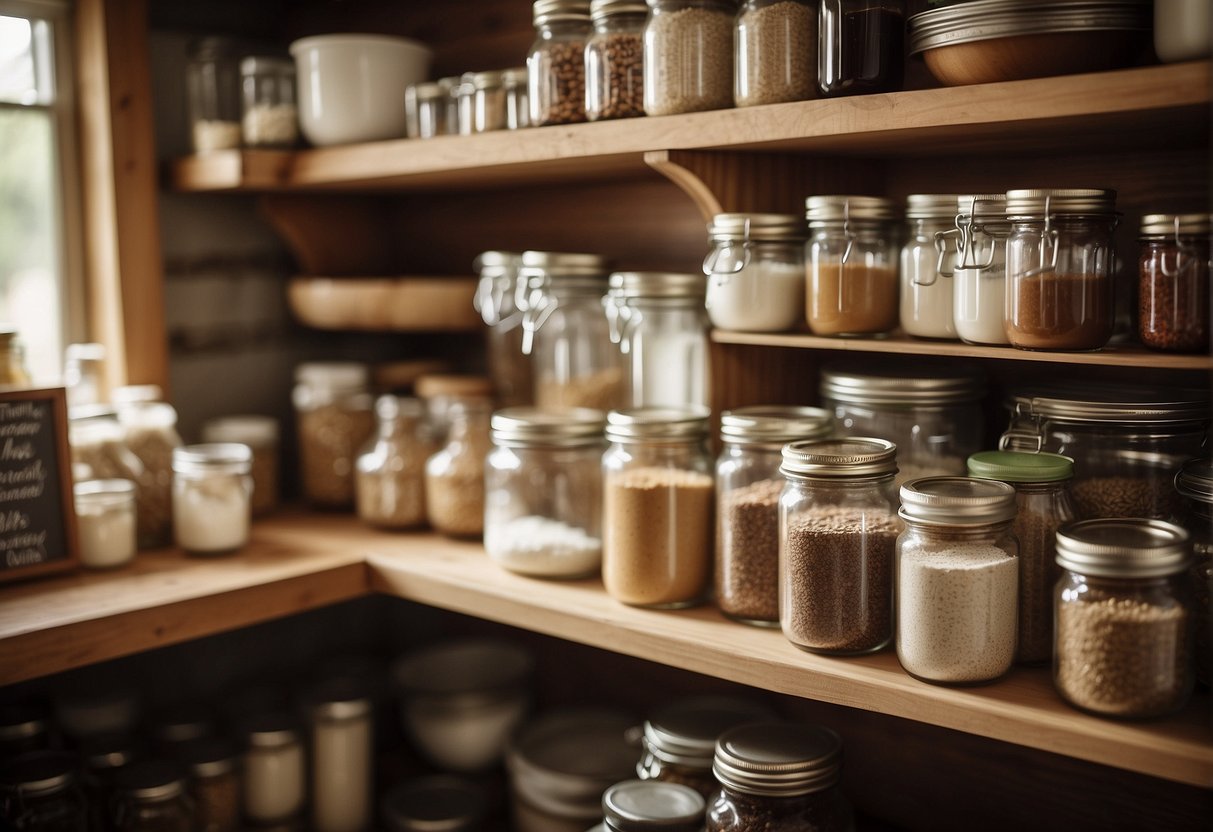 A Well-Organized Pantry With Shelves Stocked With Flour, Sugar, Canned Goods, And Jars Of Spices. A Vintage Recipe Book Lies Open On The Counter, Surrounded By Measuring Cups And Mixing Bowls