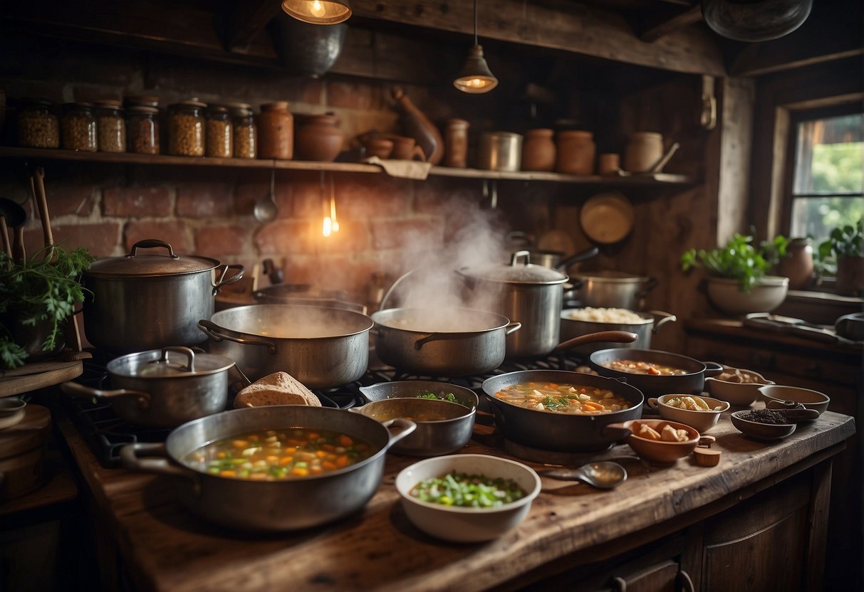 A Rustic Kitchen With Steaming Pots Of Soups And Stews, Surrounded By Vintage Cooking Utensils And Ingredients From The 1930S