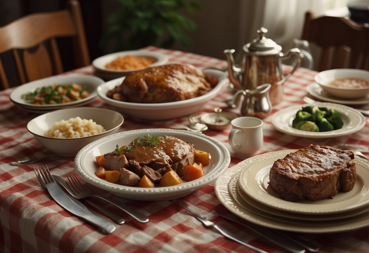 A Table Set With Classic 1930S Main Dishes: Pot Roast, Meatloaf, And Chicken Casserole, Surrounded By Vintage Dinnerware And A Checkered Tablecloth